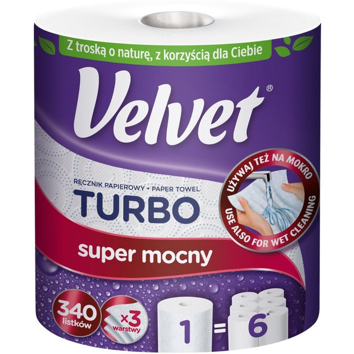 Velvet Turbo 3-ply cellulose white paper towels on a roll